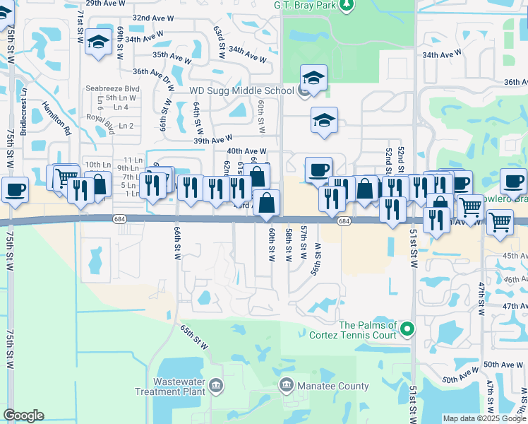 map of restaurants, bars, coffee shops, grocery stores, and more near 4240 60th Street West in Bradenton