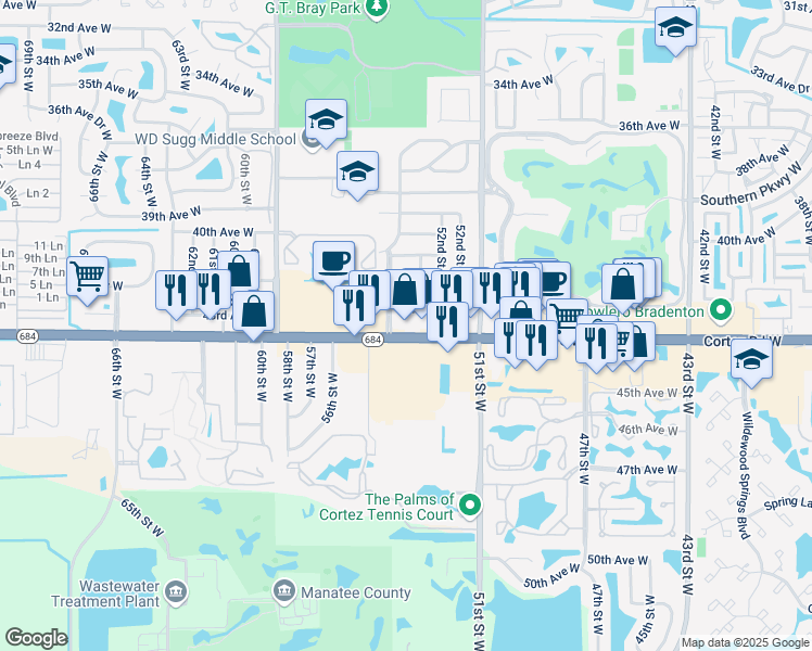 map of restaurants, bars, coffee shops, grocery stores, and more near 5316 43rd Avenue West in Bradenton