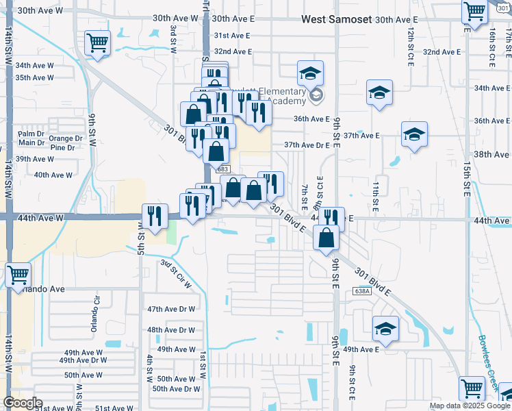 map of restaurants, bars, coffee shops, grocery stores, and more near 328 301 Boulevard East in Bradenton