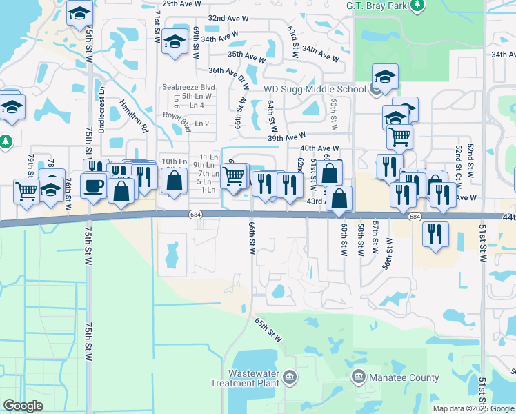 map of restaurants, bars, coffee shops, grocery stores, and more near 4305 66th Street West in Bradenton