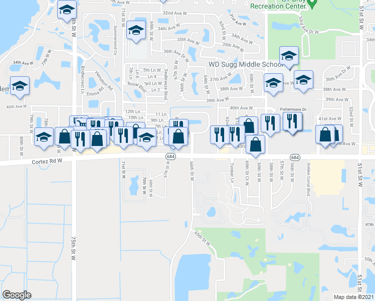 map of restaurants, bars, coffee shops, grocery stores, and more near 6620 Cortez Road West in Bradenton