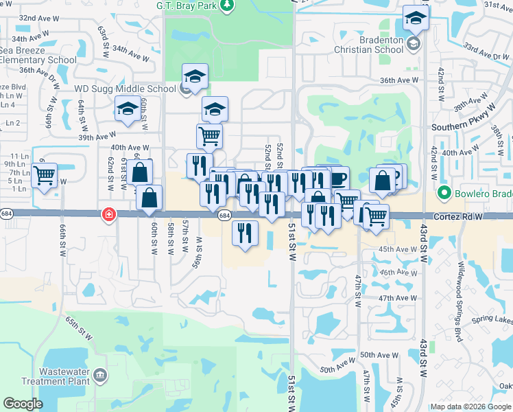 map of restaurants, bars, coffee shops, grocery stores, and more near 4211 52nd Street Court West in Bradenton