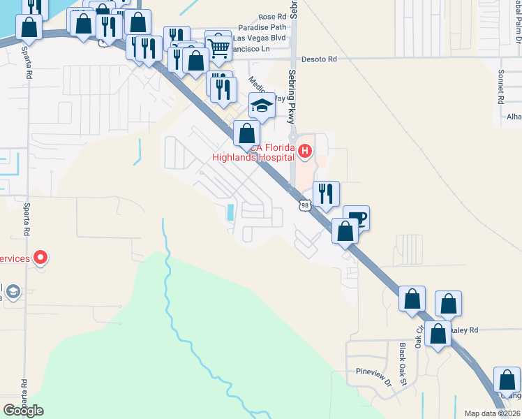map of restaurants, bars, coffee shops, grocery stores, and more near West Virginia Drive in Sebring