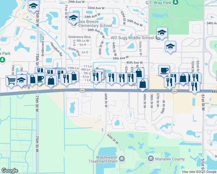 map of restaurants, bars, coffee shops, grocery stores, and more near 6550 Cortez Road West in Bradenton