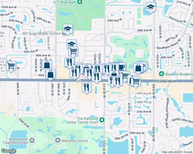 map of restaurants, bars, coffee shops, grocery stores, and more near 4211 52nd Street Court West in Bradenton
