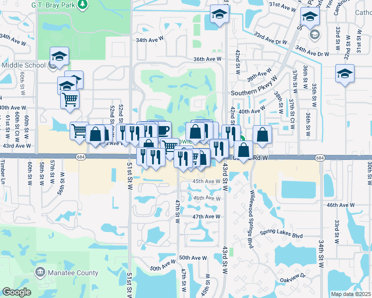 map of restaurants, bars, coffee shops, grocery stores, and more near Ironwood Circle in Bradenton