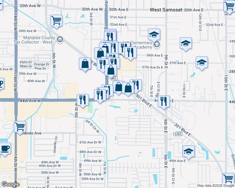 map of restaurants, bars, coffee shops, grocery stores, and more near 121 42nd Avenue East in Bradenton