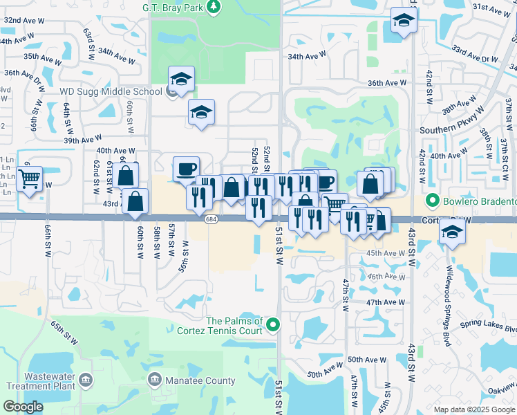 map of restaurants, bars, coffee shops, grocery stores, and more near 4211 52nd Street Court West in Bradenton