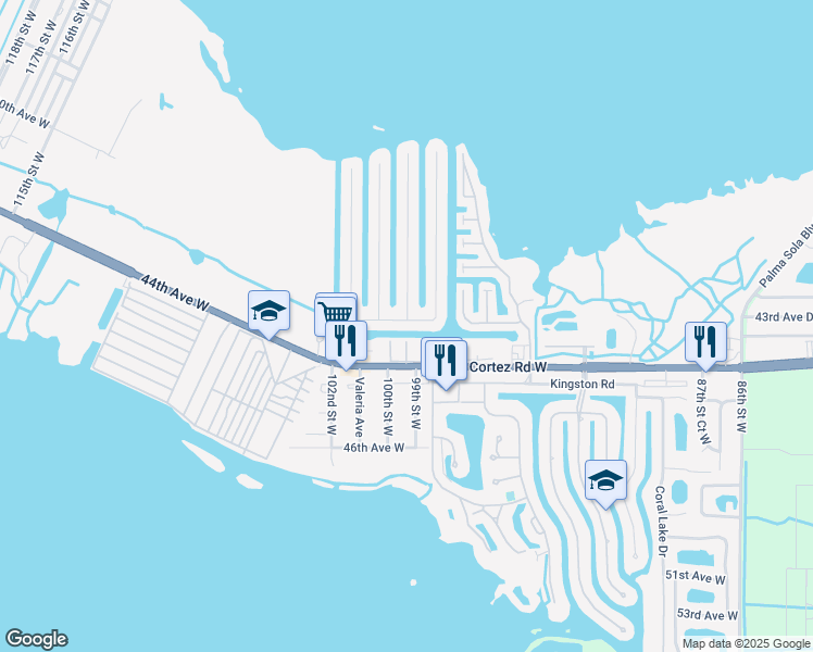 map of restaurants, bars, coffee shops, grocery stores, and more near 9901 43rd Avenue West in Bradenton