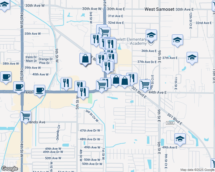 map of restaurants, bars, coffee shops, grocery stores, and more near 108 Cortez Road West in Bradenton