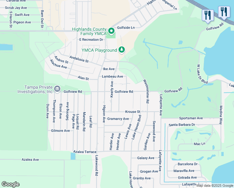 map of restaurants, bars, coffee shops, grocery stores, and more near 3507-3699 Golfview Road in Sebring