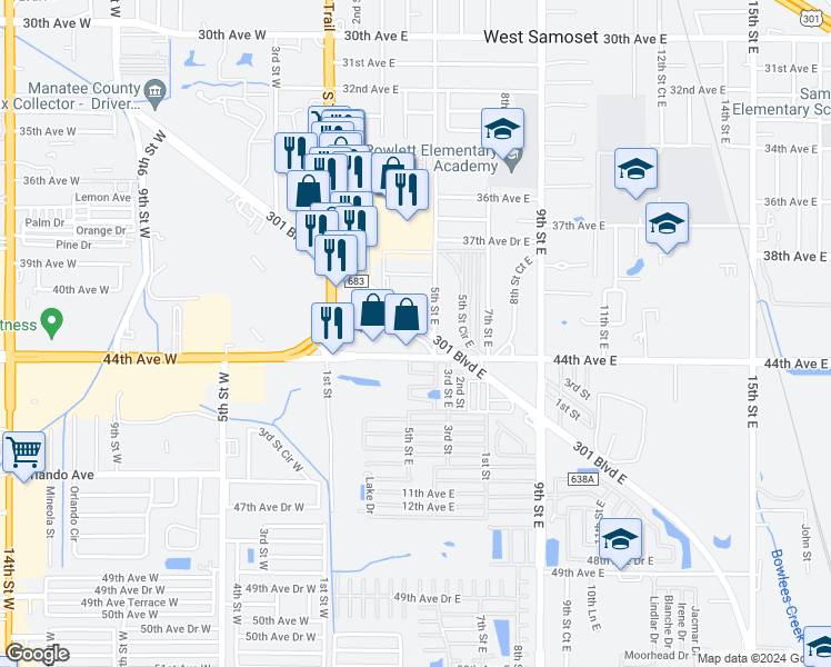 map of restaurants, bars, coffee shops, grocery stores, and more near 328 301 Boulevard East in Bradenton
