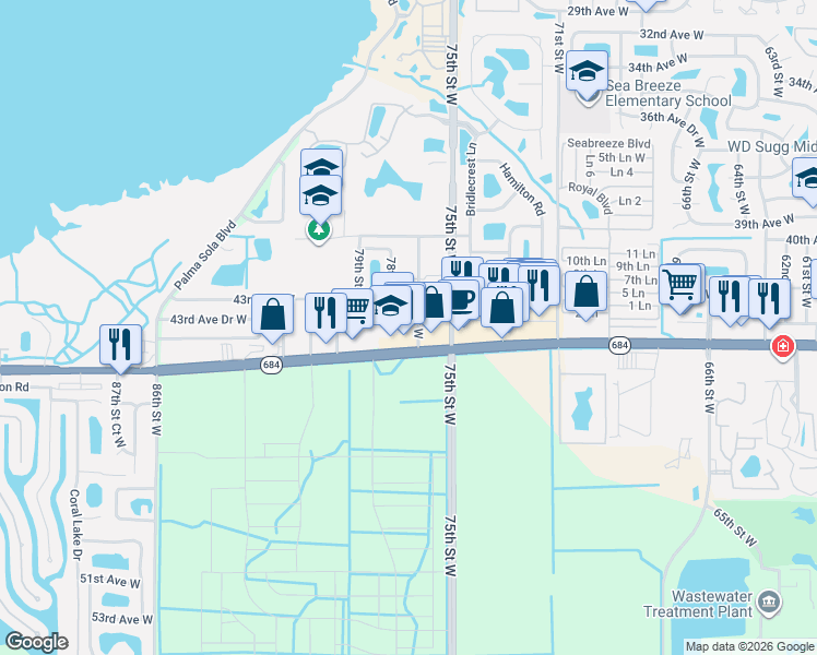 map of restaurants, bars, coffee shops, grocery stores, and more near 4307 76th Street West in Bradenton