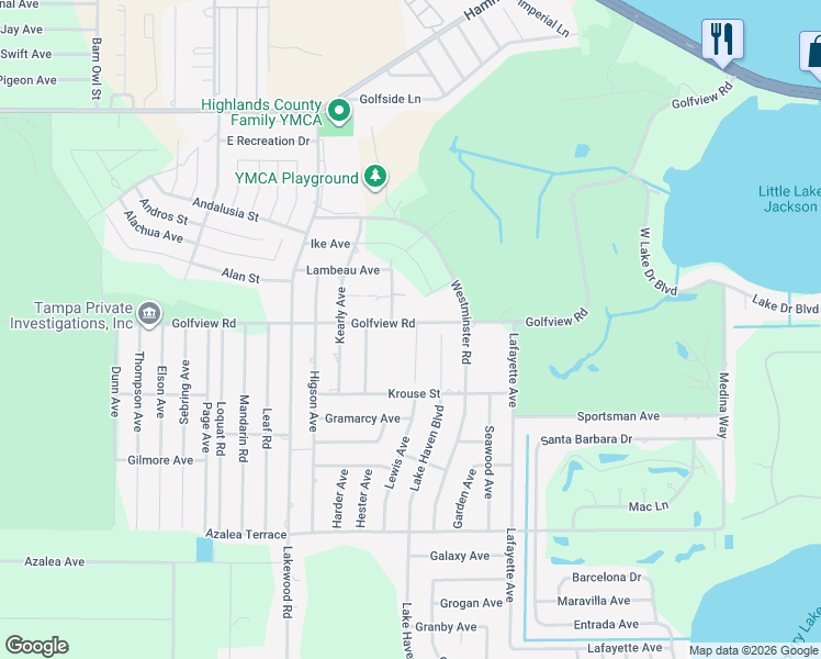 map of restaurants, bars, coffee shops, grocery stores, and more near 3501-3505 Golfview Rd in Sebring