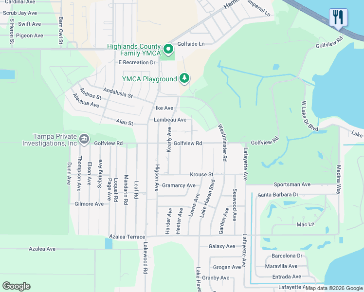 map of restaurants, bars, coffee shops, grocery stores, and more near 3507-3699 Golfview Road in Sebring