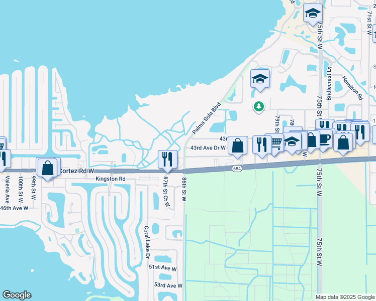 map of restaurants, bars, coffee shops, grocery stores, and more near 8525 43rd Avenue Drive West in Bradenton