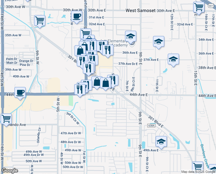 map of restaurants, bars, coffee shops, grocery stores, and more near 328 301 Boulevard East in Bradenton