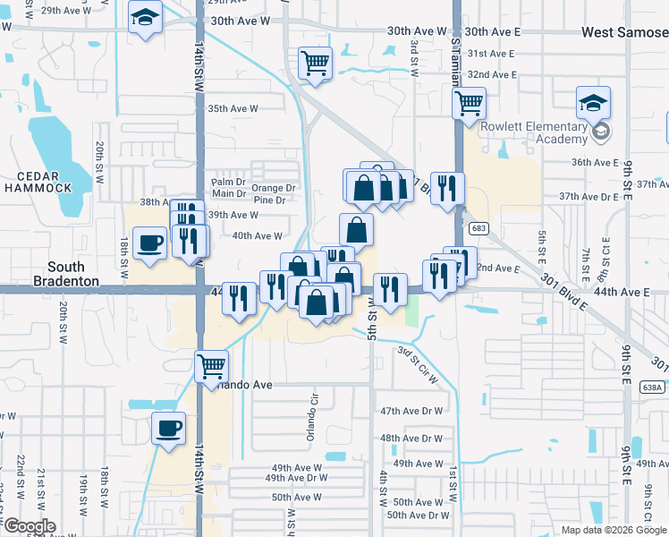 map of restaurants, bars, coffee shops, grocery stores, and more near 616 Cortez Road West in Bradenton