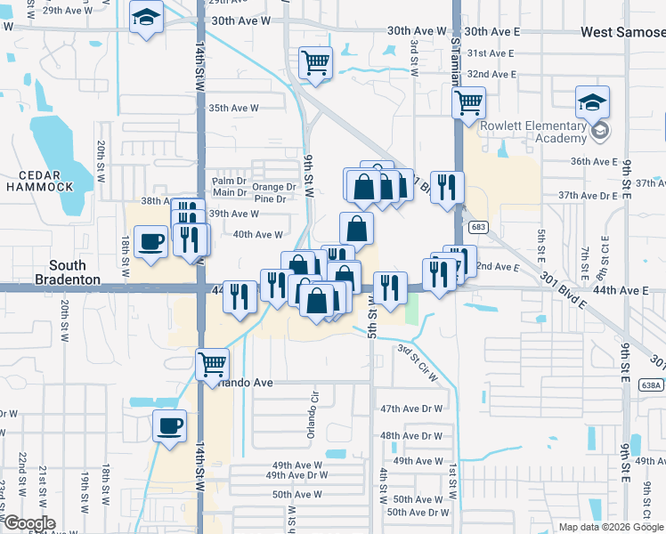map of restaurants, bars, coffee shops, grocery stores, and more near 616 Cortez Road West in Bradenton