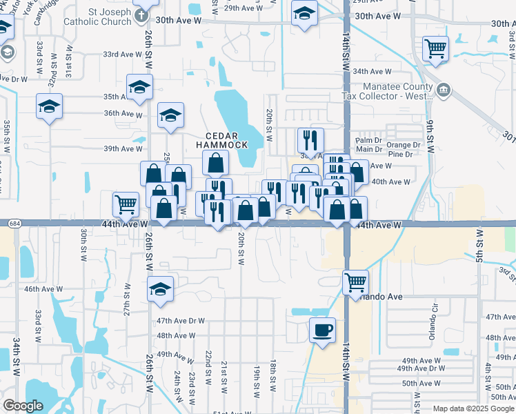 map of restaurants, bars, coffee shops, grocery stores, and more near 3358 Lake Bayshore Drive in Bradenton