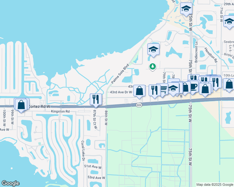 map of restaurants, bars, coffee shops, grocery stores, and more near 8504 43rd Avenue Drive West in Bradenton