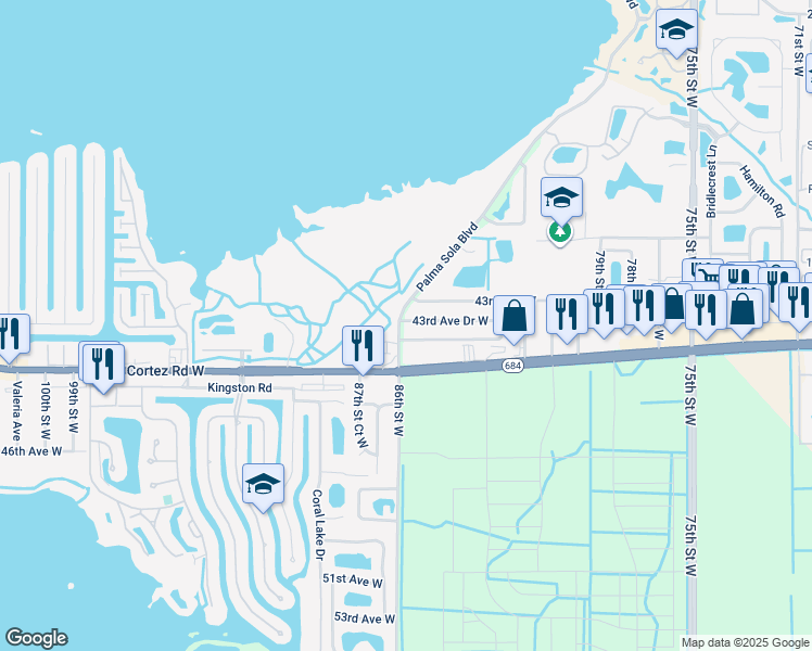map of restaurants, bars, coffee shops, grocery stores, and more near 8525 43rd Avenue Drive West in Bradenton