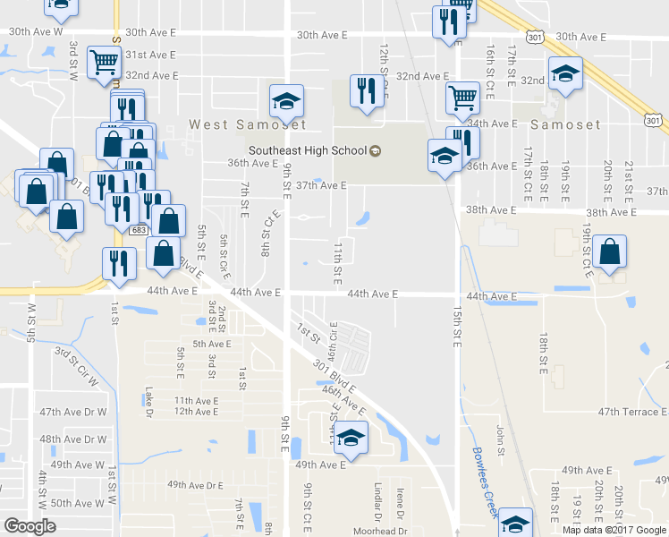 map of restaurants, bars, coffee shops, grocery stores, and more near 1028 42nd Terrace East in Bradenton