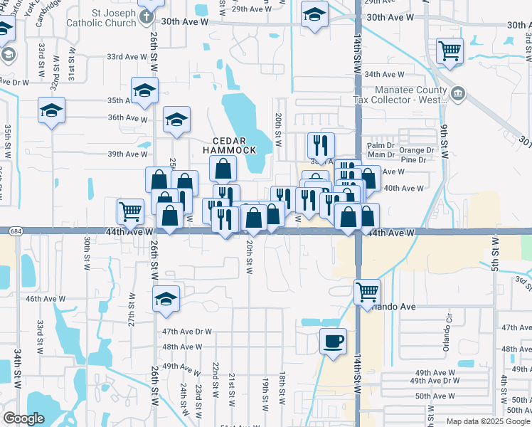 map of restaurants, bars, coffee shops, grocery stores, and more near 3358 Lake Bayshore Drive in Bradenton