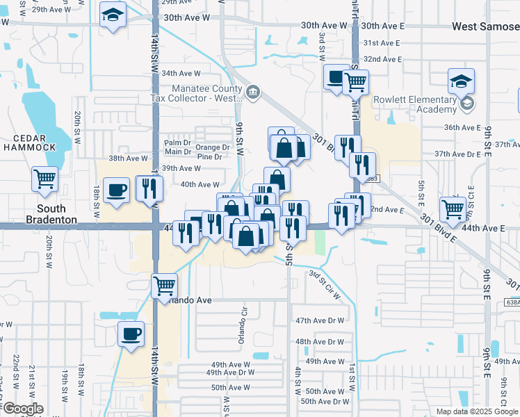 map of restaurants, bars, coffee shops, grocery stores, and more near 616 Cortez Road West in Bradenton