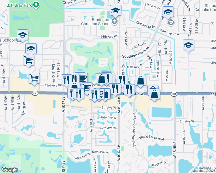 map of restaurants, bars, coffee shops, grocery stores, and more near 4530 Pinebrook Circle in Bradenton