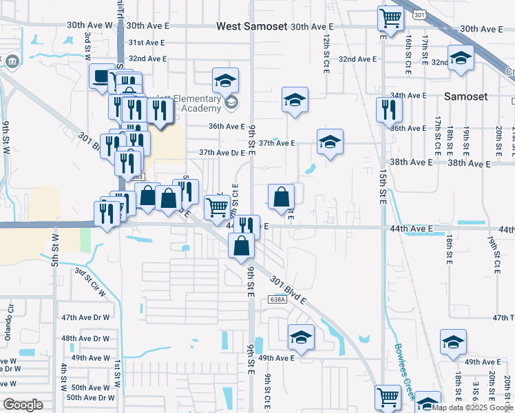 map of restaurants, bars, coffee shops, grocery stores, and more near 1004 42nd Terrace East in Bradenton