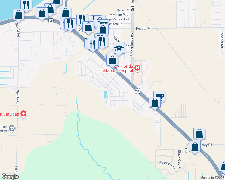 map of restaurants, bars, coffee shops, grocery stores, and more near 3rd Street in Sebring