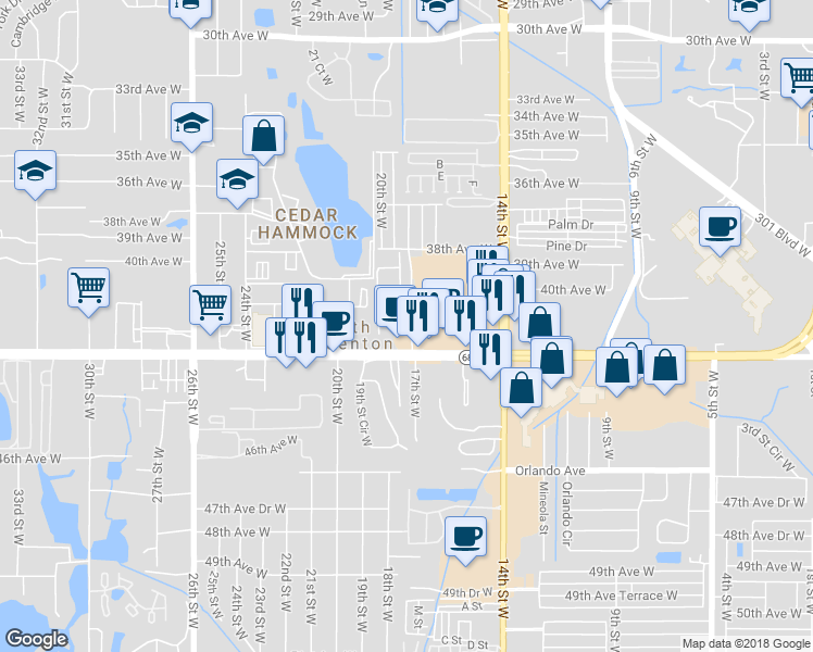 map of restaurants, bars, coffee shops, grocery stores, and more near 4212 18th Street West in Bradenton