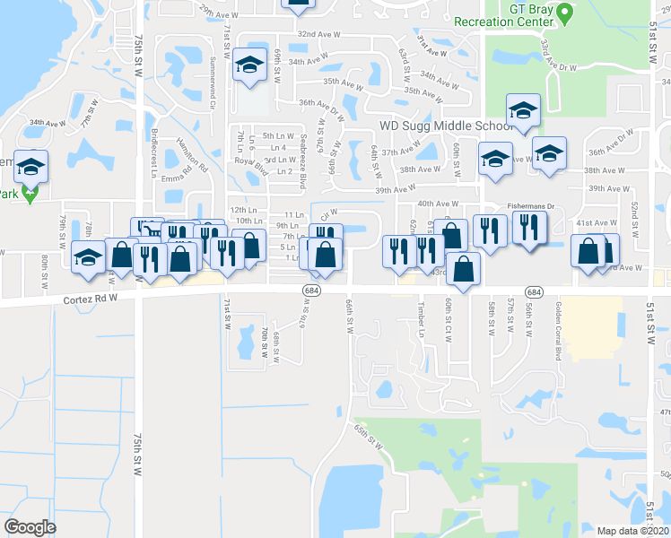 map of restaurants, bars, coffee shops, grocery stores, and more near 6620 Cortez Road West in Bradenton
