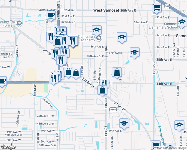 map of restaurants, bars, coffee shops, grocery stores, and more near 17 Rosewood in Bradenton