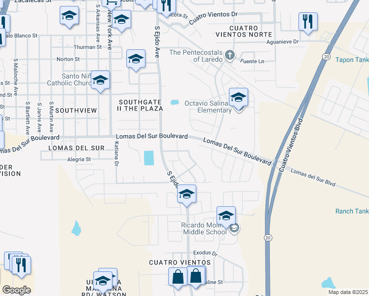 map of restaurants, bars, coffee shops, grocery stores, and more near 3412 Armando Peña Drive in Laredo
