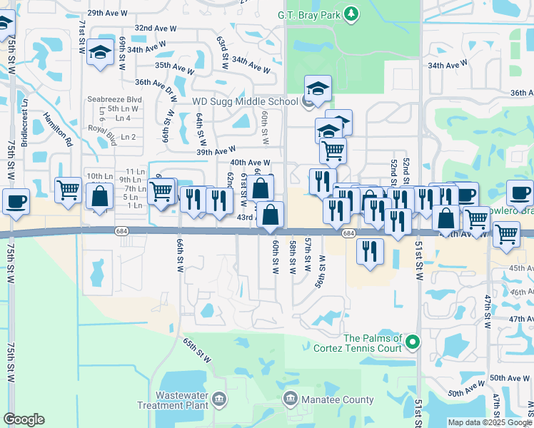 map of restaurants, bars, coffee shops, grocery stores, and more near 4240 60th Street West in Bradenton