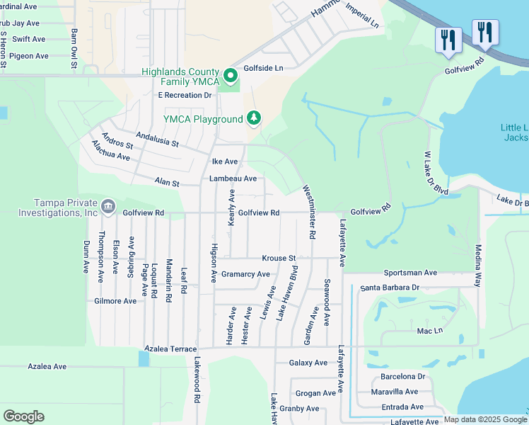map of restaurants, bars, coffee shops, grocery stores, and more near 3507 Golfview Road in Sebring