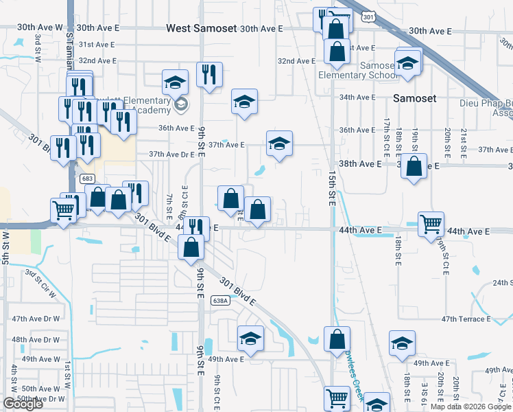 map of restaurants, bars, coffee shops, grocery stores, and more near 1134 42nd Terrace East in Bradenton