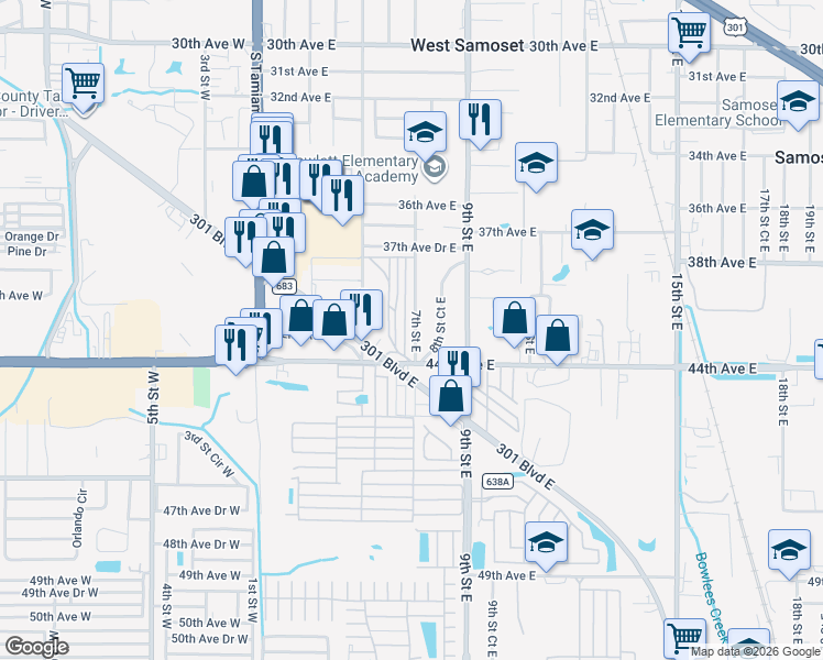 map of restaurants, bars, coffee shops, grocery stores, and more near 17 Rosewood in Bradenton