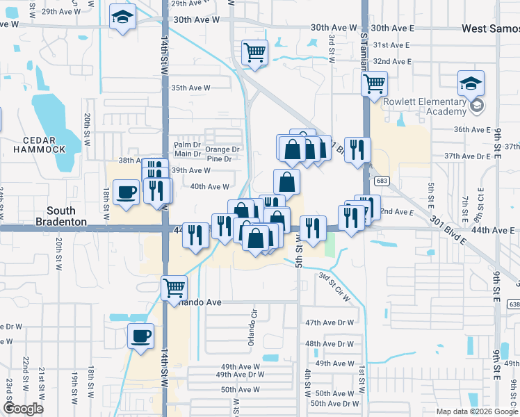 map of restaurants, bars, coffee shops, grocery stores, and more near 616 Cortez Road West in Bradenton