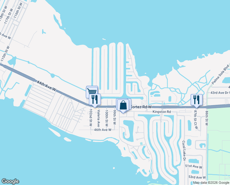 map of restaurants, bars, coffee shops, grocery stores, and more near 9904 Royal Palm Drive in Bradenton