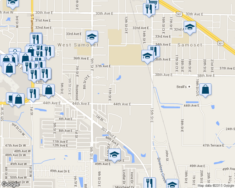 map of restaurants, bars, coffee shops, grocery stores, and more near 1134 42nd Terrace East in Bradenton