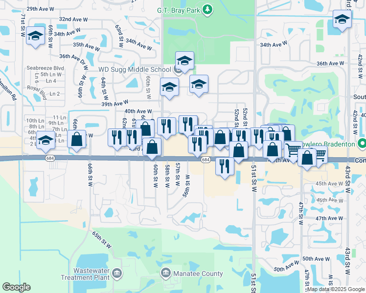 map of restaurants, bars, coffee shops, grocery stores, and more near 5702 State Highway 684 in Bradenton