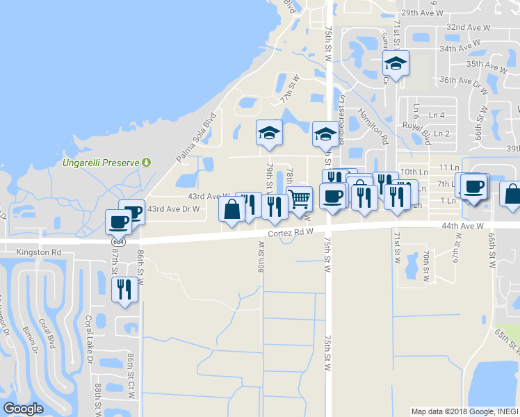 map of restaurants, bars, coffee shops, grocery stores, and more near 4315 80th Street West in Bradenton