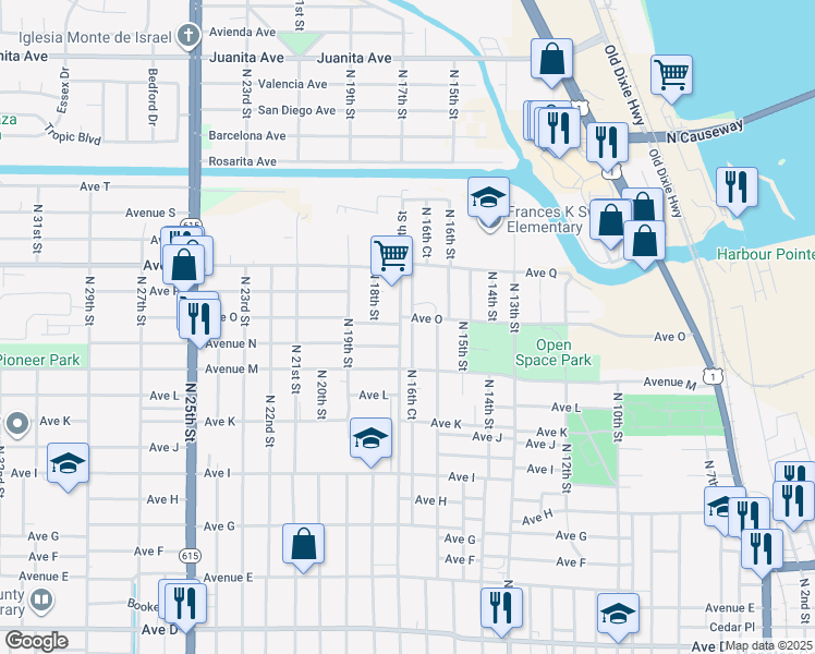 map of restaurants, bars, coffee shops, grocery stores, and more near 1512 North 17th Street in Fort Pierce