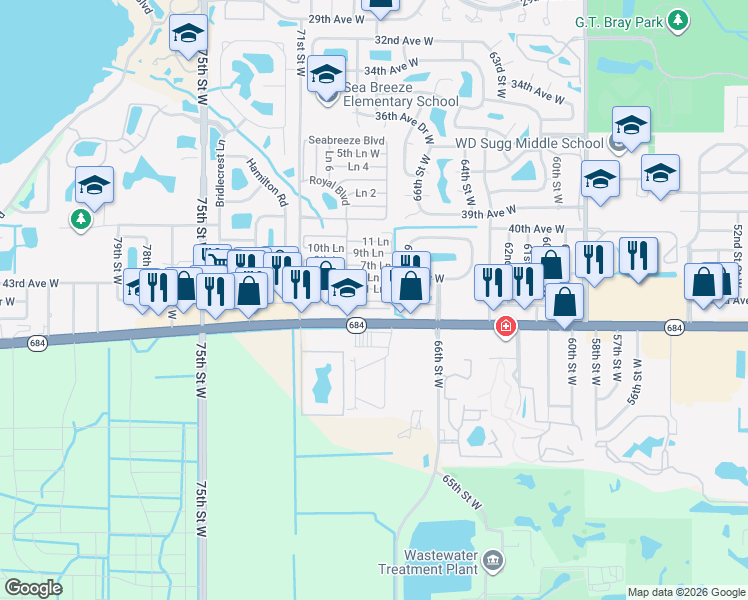 map of restaurants, bars, coffee shops, grocery stores, and more near 286 1 Lane in Bradenton