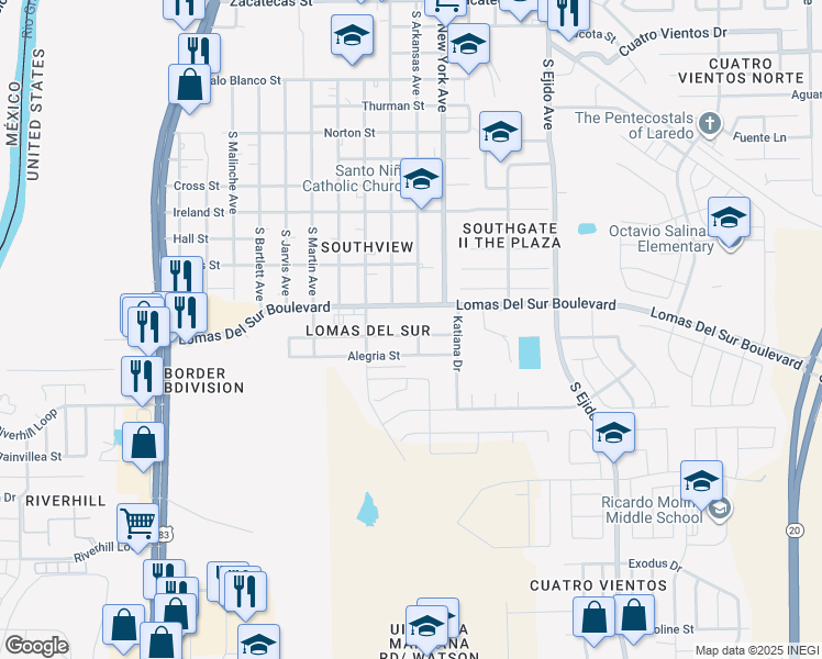 map of restaurants, bars, coffee shops, grocery stores, and more near 2520 Jean Street in Laredo