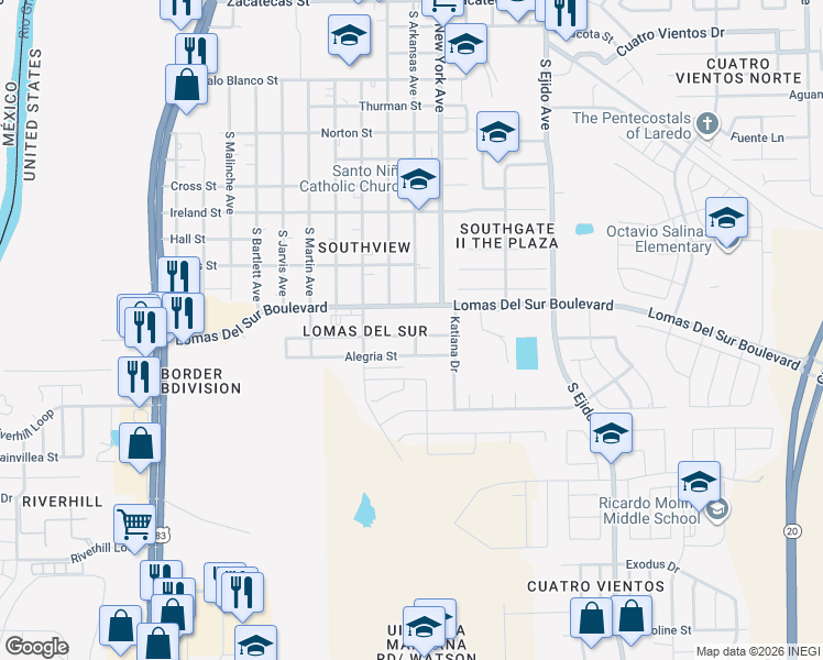 map of restaurants, bars, coffee shops, grocery stores, and more near 2520 Jean Street in Laredo