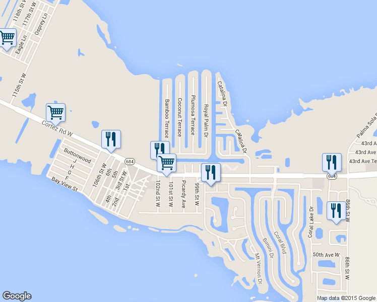 map of restaurants, bars, coffee shops, grocery stores, and more near 9904 Royal Palm Drive in Bradenton